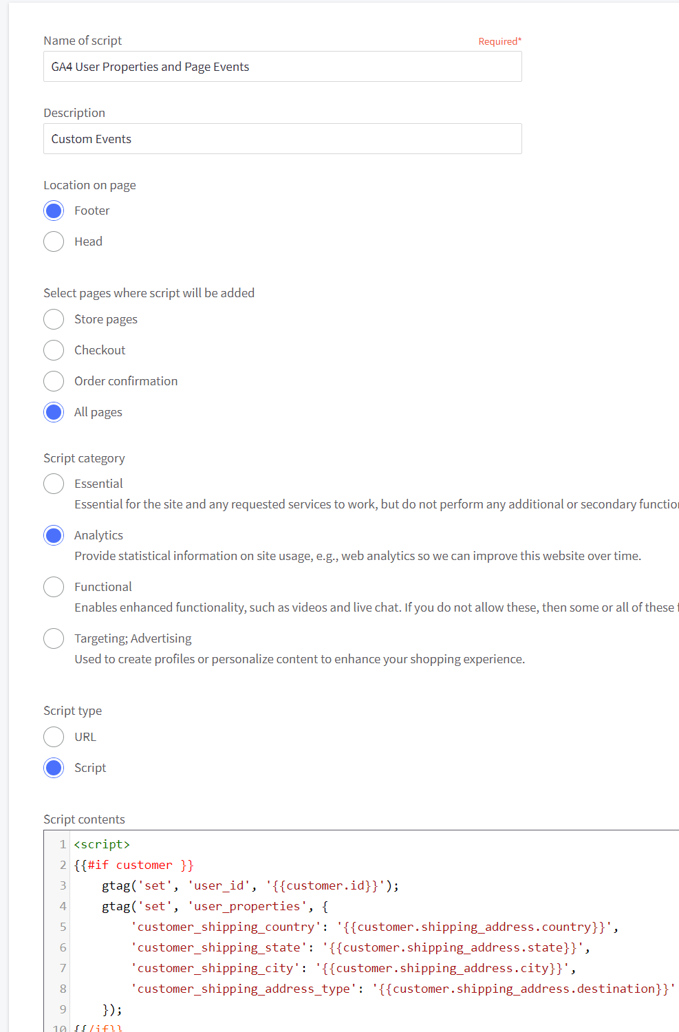 GA4 Custom Events and User Properties Script Settings